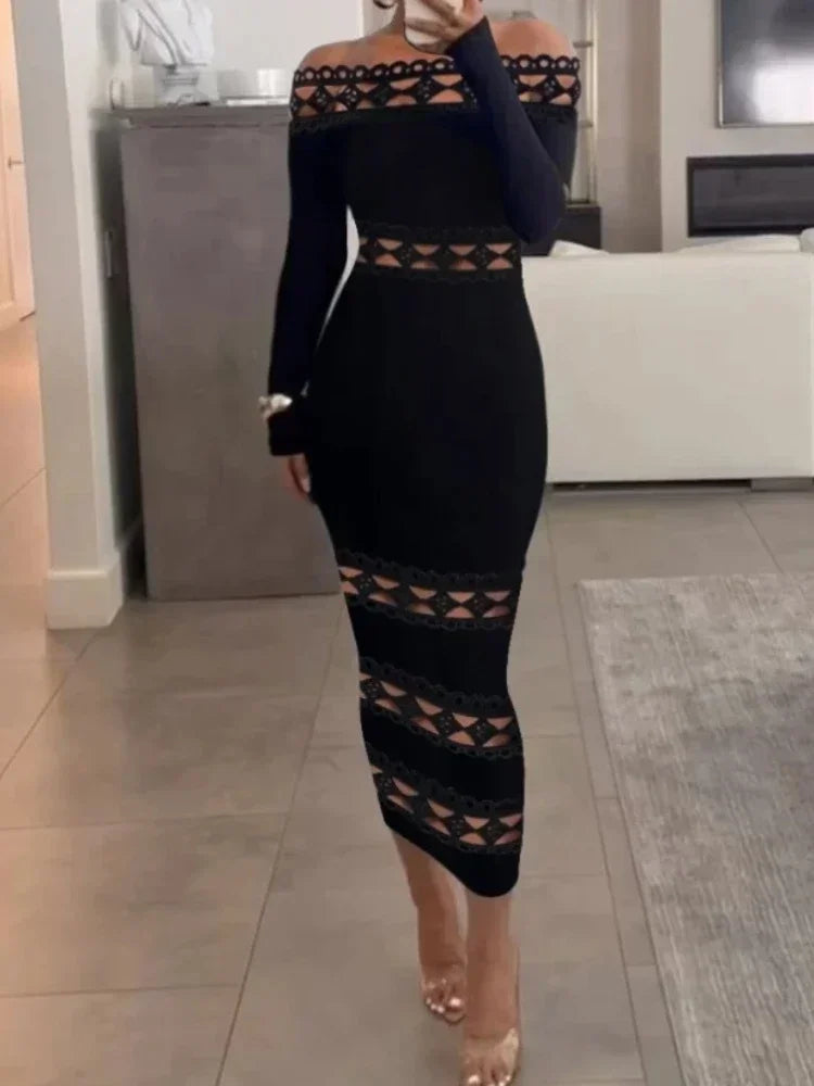 Vestido Midi Negro de Encaje con Hombros Descubiertos y Manga Larga.